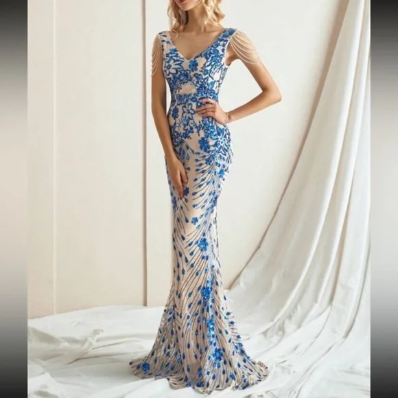 Luxe Floral Sequin Bead Detail Formal Party Wedding Dress - Picture 3 of 9